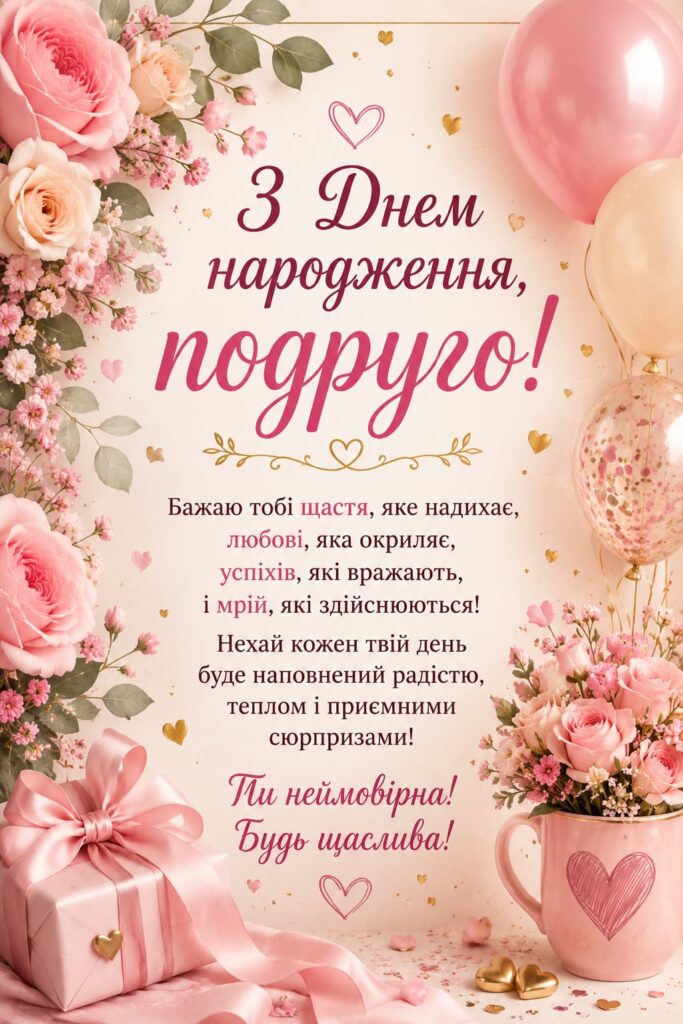 Короткі привітання з Днем народження подрузі картинка 1