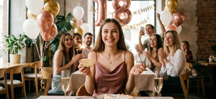 Дівчина святкує 18-річчя з повітряними кульками та тортом