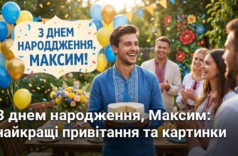 З днем народження Максим — яскрава листівка з квітами та повітряними кульками