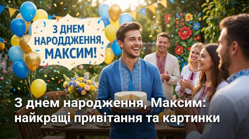 З днем народження Максим — яскрава листівка з квітами та повітряними кульками