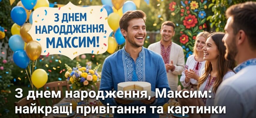 З днем народження Максим — яскрава листівка з квітами та повітряними кульками