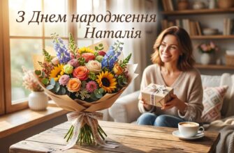 Яскрава листівка з квітами та написом З Днем народження Наталія