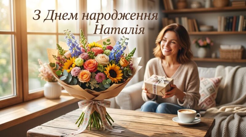 Яскрава листівка з квітами та написом З Днем народження Наталія