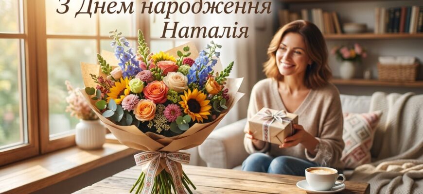 Яскрава листівка з квітами та написом З Днем народження Наталія