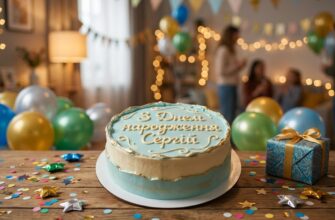 Святковий торт з іменем Сергій та повітряними кульками