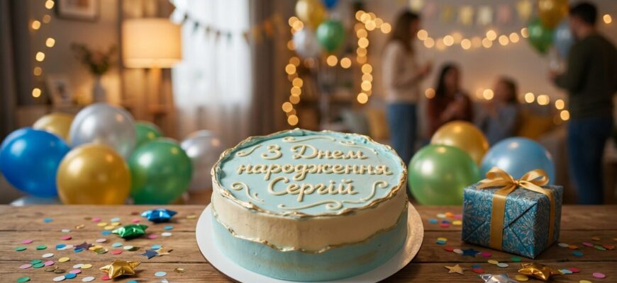 Святковий торт з іменем Сергій та повітряними кульками