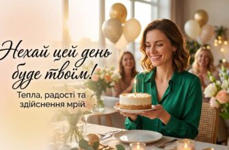 Жінка святкує 35-річчя з букетом квітів та повітряними кульками