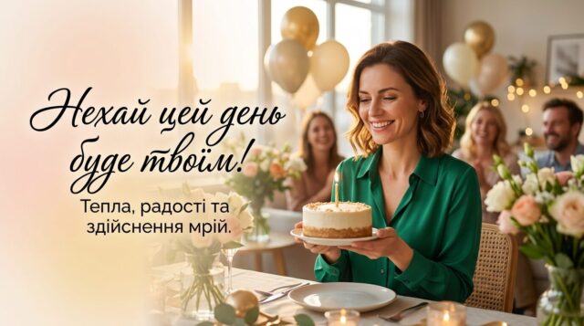 Жінка святкує 35-річчя з букетом квітів та повітряними кульками