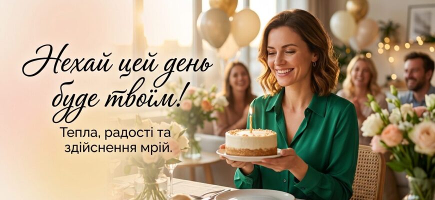 Жінка святкує 35-річчя з букетом квітів та повітряними кульками