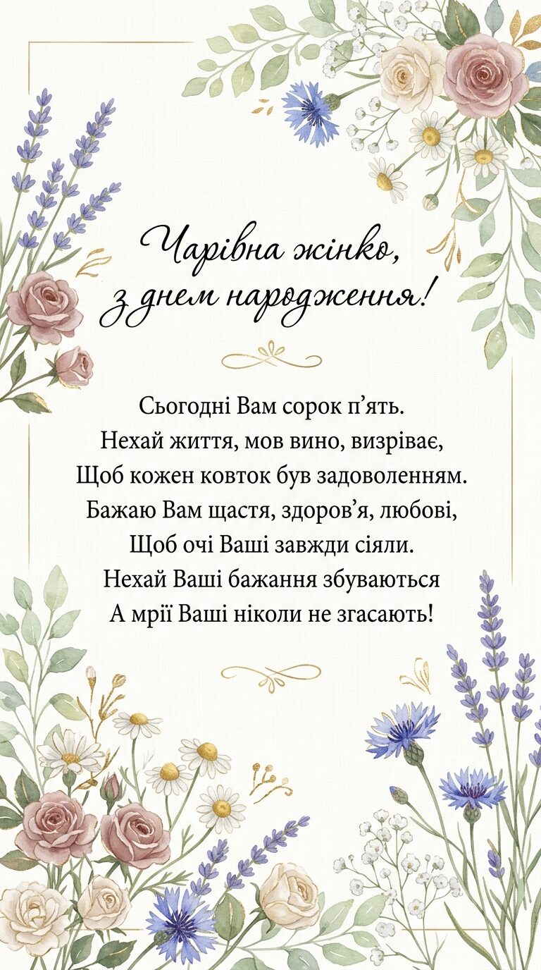 Привітання з 45-річчям жінці у віршах - картинка