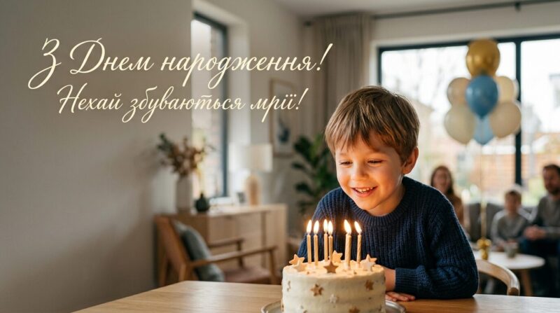 Яскрава листівка з повітряними кульками та подарунками на День народження хлопчика
