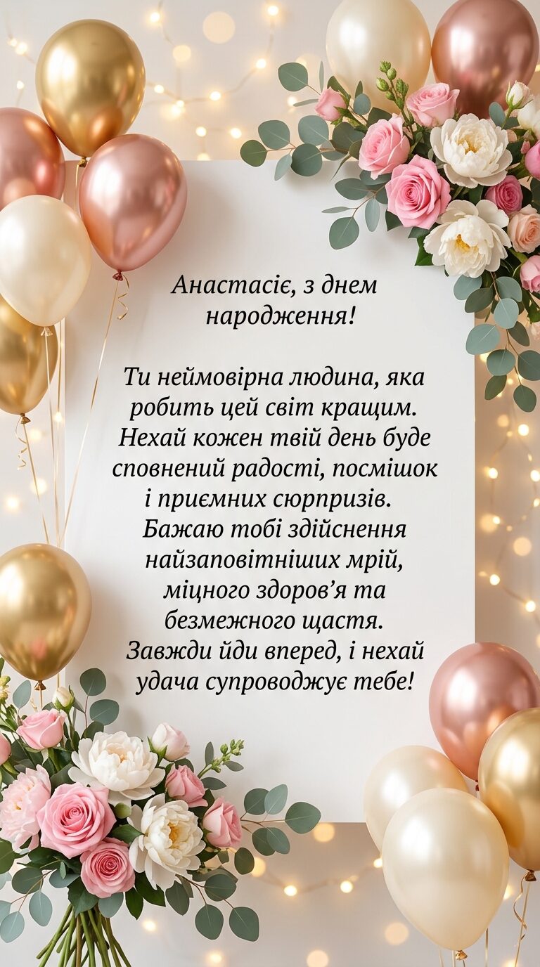 Щирі вітання Анастасії з Днем народження своїми словами - картинка