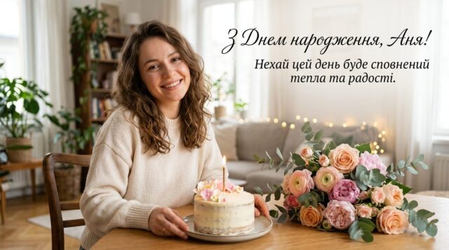 Яскрава святкова листівка з написом З Днем народження Аня