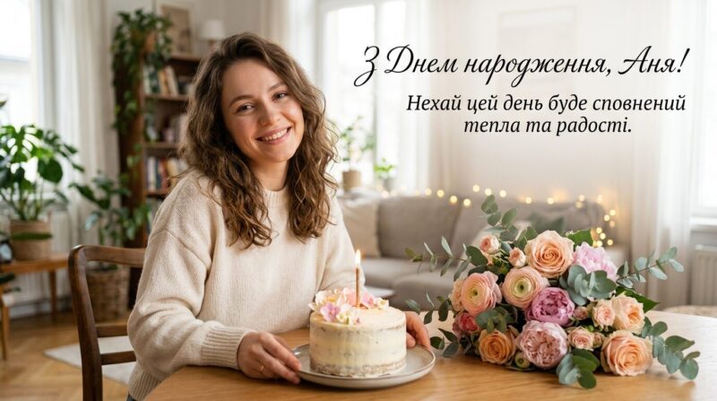 Яскрава святкова листівка з написом З Днем народження Аня