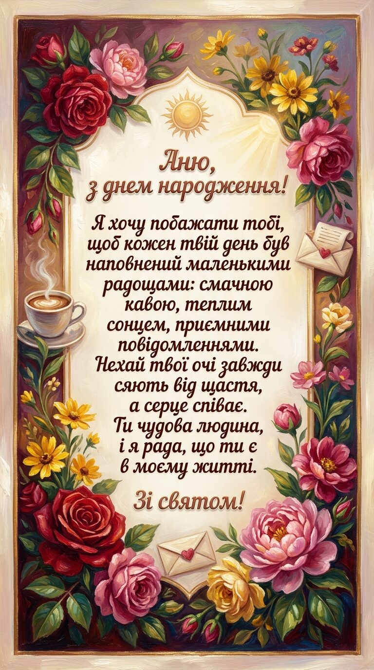 З Днем народження Аня своїми словами: щирі побажання від душі - картинка
