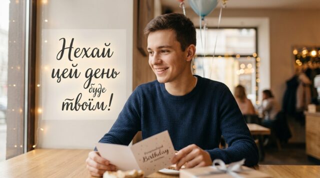 Яскрава листівка з днем народження для Артема з повітряними кульками та тістечком