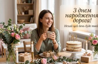 Яскрава листівка з днем народження для Юлі з квітами та повітряними кульками