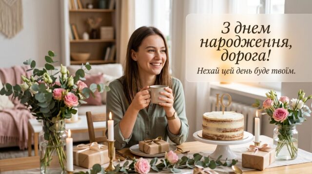 Яскрава листівка з днем народження для Юлі з квітами та повітряними кульками
