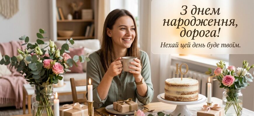 Яскрава листівка з днем народження для Юлі з квітами та повітряними кульками
