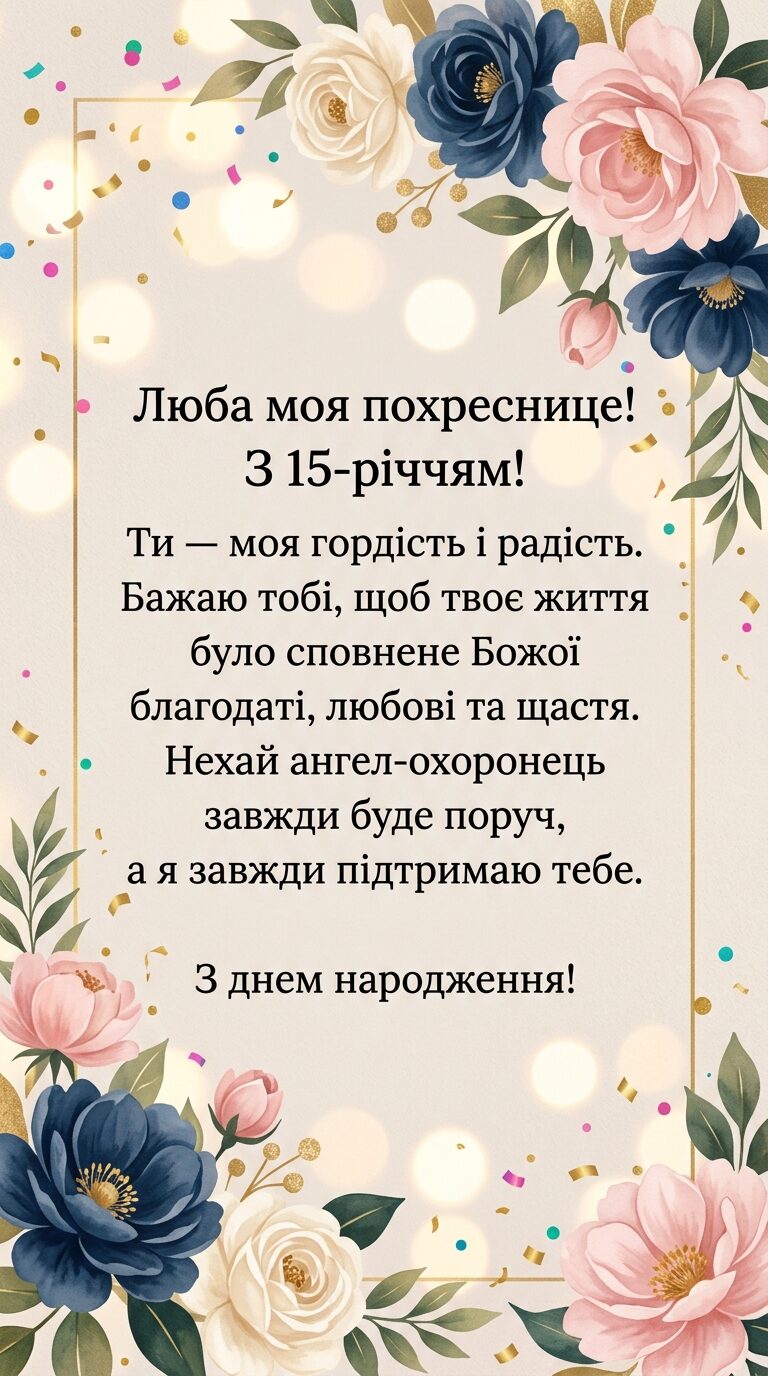 Привітання з 15 річчям похресниці: теплі слова від хрещеної - картинка