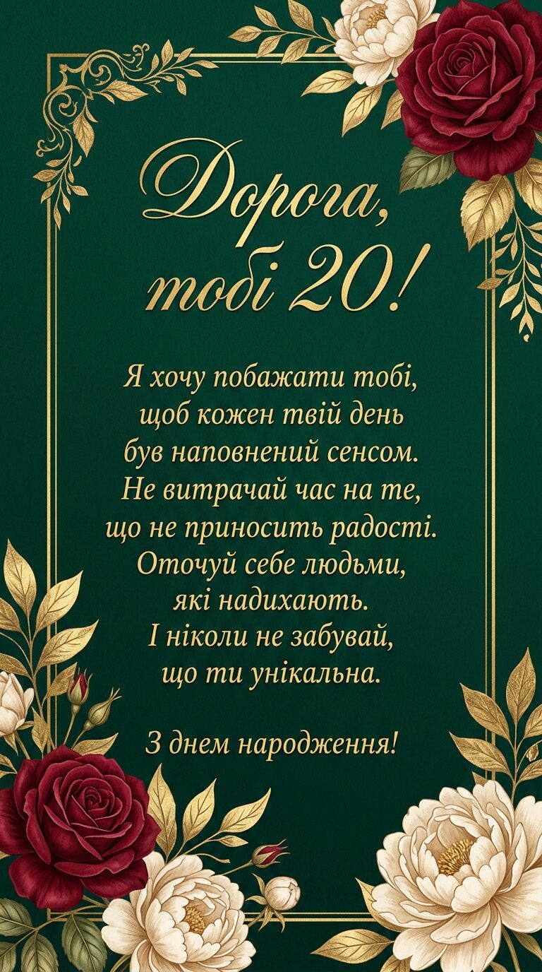 Привітання з 20-річчям дівчині своїми словами - картинка