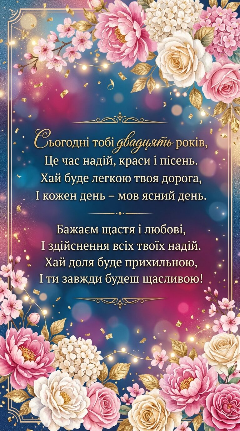 Привітання з 20-річчям дівчині у віршах - картинка