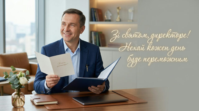 Привітання з днем народження директору чоловіку — чоловік у костюмі з букетом квітів