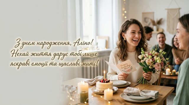 Яскрава листівка з днем народження для Аліни з квітами та повітряними кульками