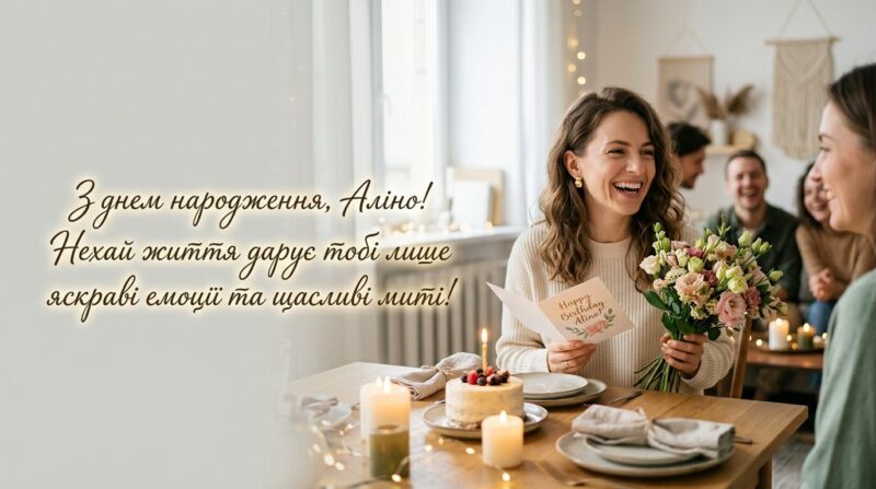 Яскрава листівка з днем народження для Аліни з квітами та повітряними кульками