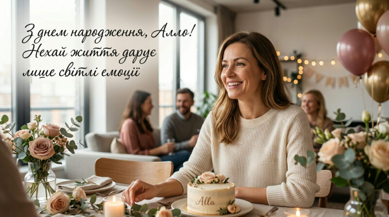 Яскрава святкова листівка з квітами та побажаннями для Алли