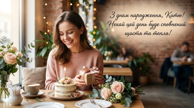 Яскрава листівка з днем народження для Каті з квітами та повітряними кульками