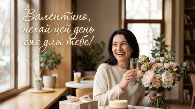 Святкова листівка з днем народження Валентина з квітами та теплими побажаннями