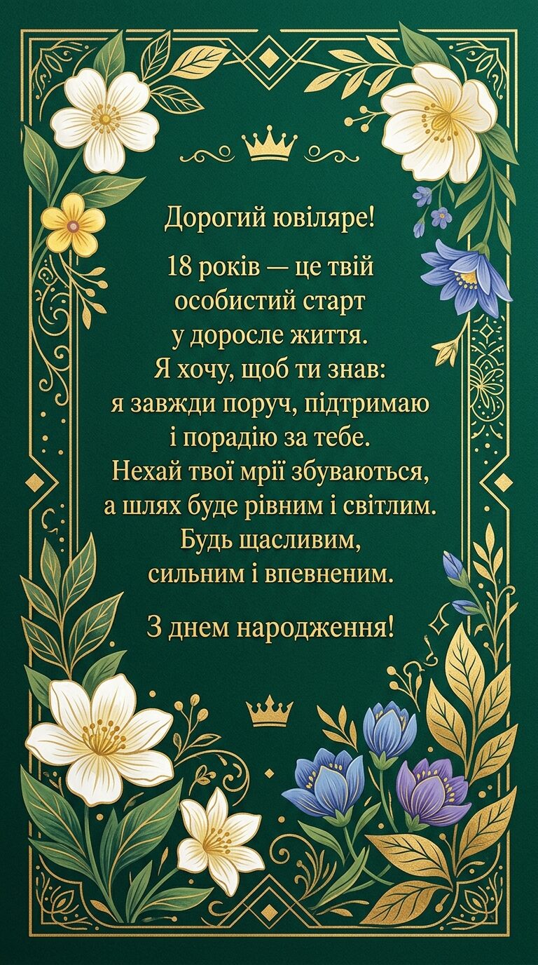 Зворушливі привітання з 18-річчям хлопцю своїми словами - картинка