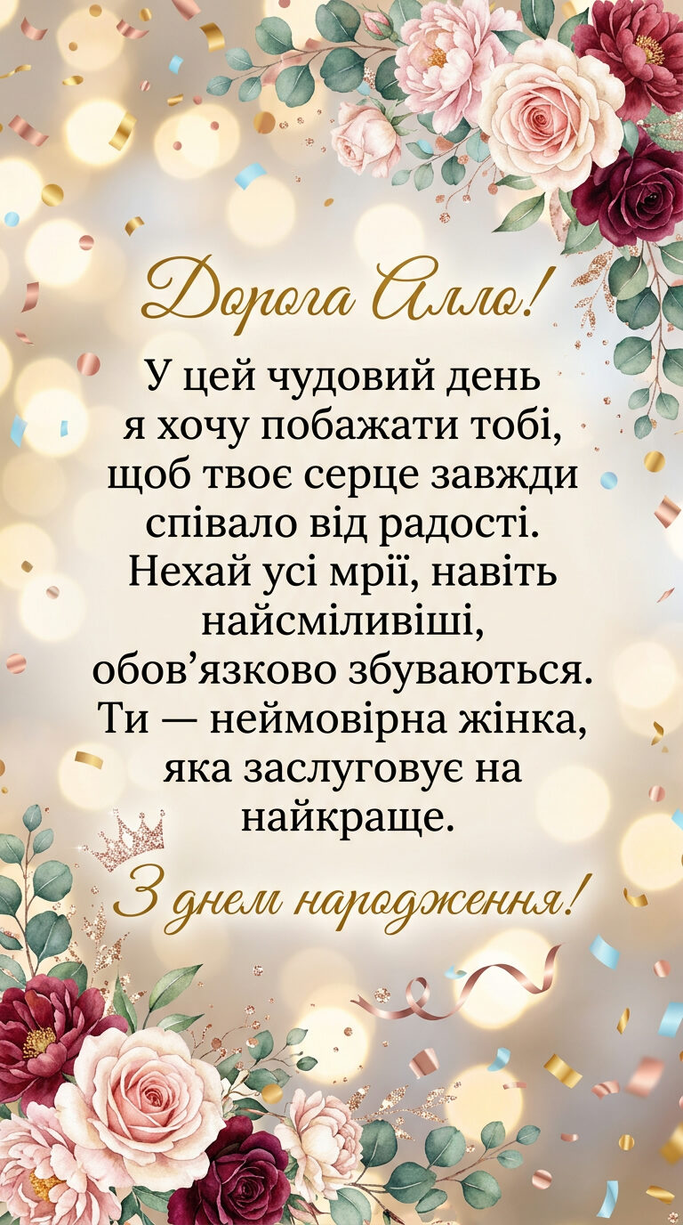 Зворушливі привітання з днем народження Аллі своїми словами - картинка